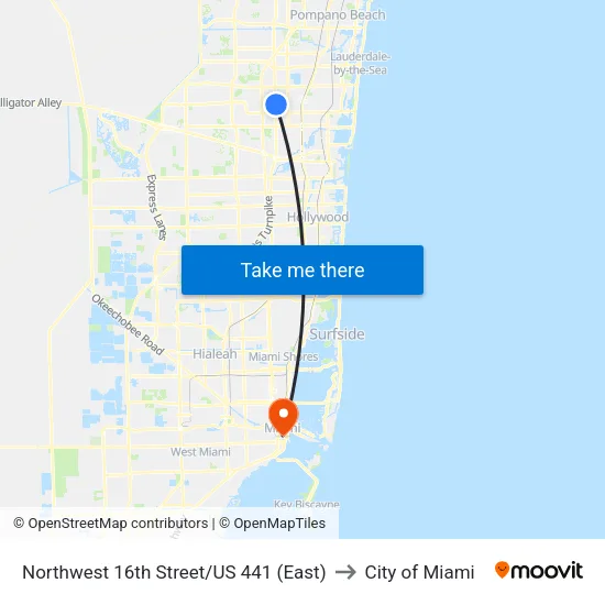 Northwest 16th Street/US 441 (East) to City of Miami map