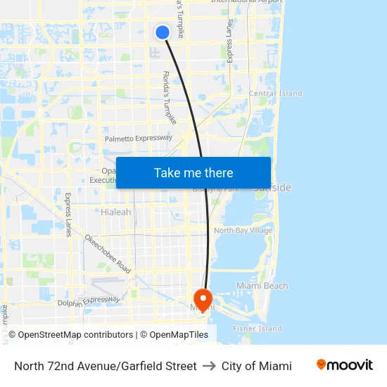 North 72nd Avenue/Garfield Street to City of Miami map