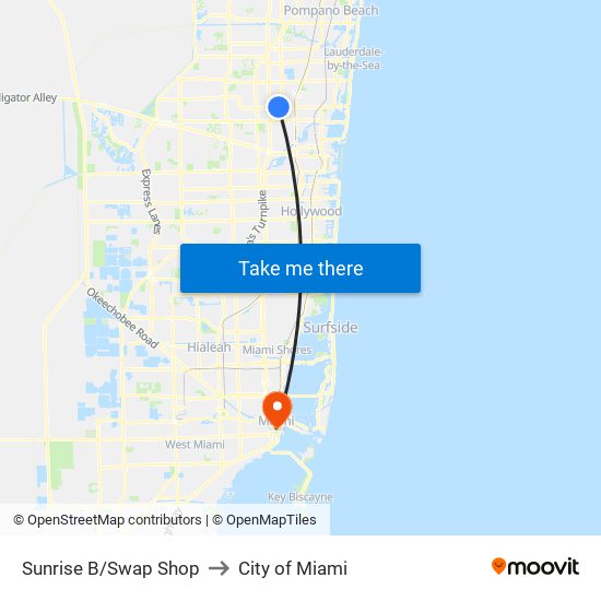 Sunrise B/Swap Shop to City of Miami map