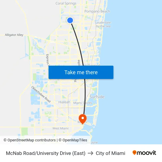 McNab Road/University Drive (East) to City of Miami map
