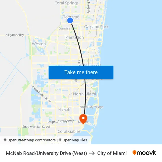 McNab Road/University Drive (West) to City of Miami map