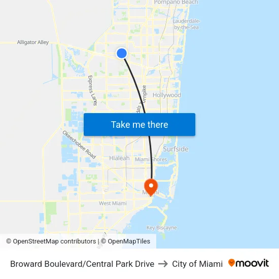 Broward Boulevard/Central Park Drive to City of Miami map