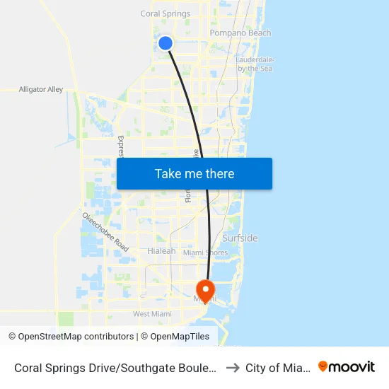 Coral Springs Drive/Southgate Boulevard to City of Miami map