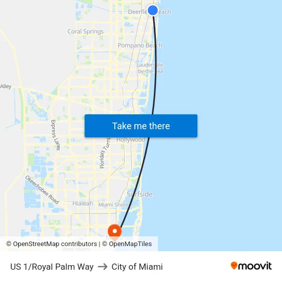 US 1/Royal Palm Way to City of Miami map