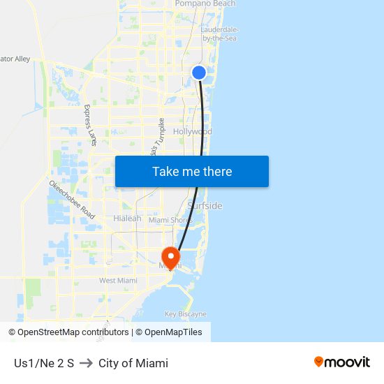 Us1/Ne 2 S to City of Miami map