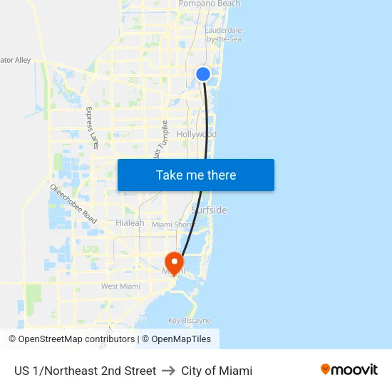 US 1/Northeast 2nd Street to City of Miami map