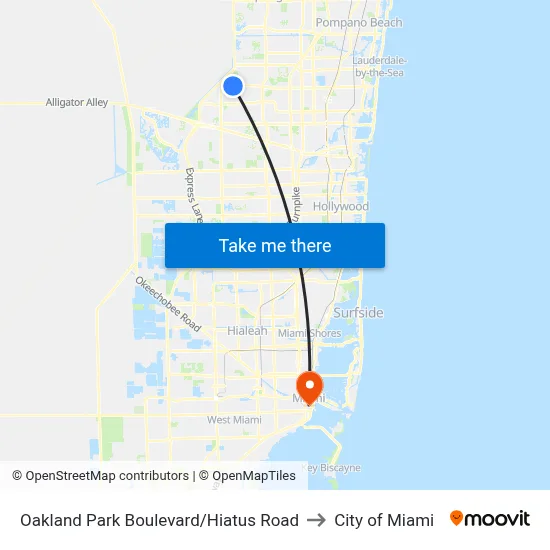 Oakland Park Boulevard/Hiatus Road to City of Miami map