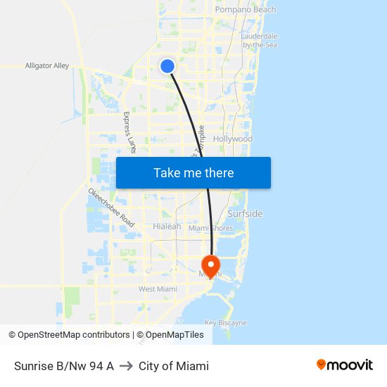 Sunrise B/Nw 94 A to City of Miami map