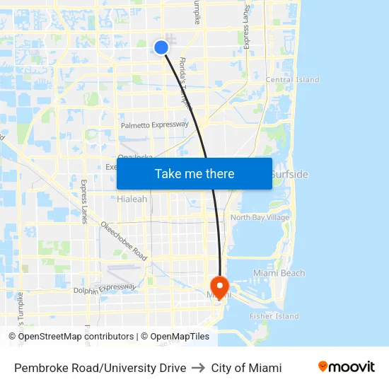 Pembroke Road/University Drive to City of Miami map