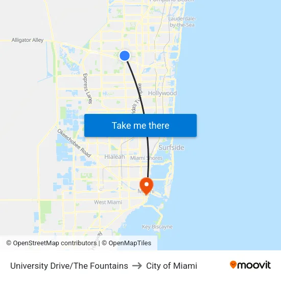 University Drive/The Fountains to City of Miami map