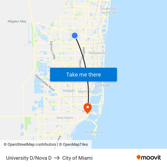 University D/Nova D to City of Miami map