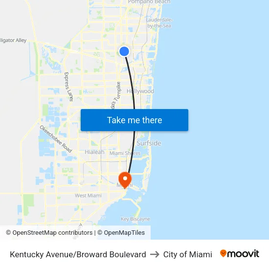 Kentucky Avenue/Broward Boulevard to City of Miami map