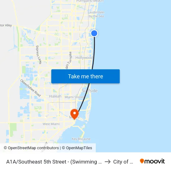 A1A/Southeast 5th Street - (Swimming Hall of Fame) to City of Miami map