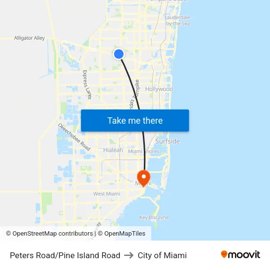 Peters Road/Pine Island Road to City of Miami map