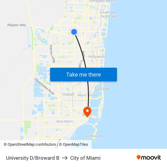 University D/Broward B to City of Miami map