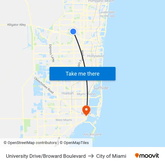 University Drive/Broward Boulevard to City of Miami map
