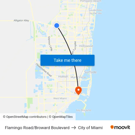 Flamingo Road/Broward Boulevard to City of Miami map