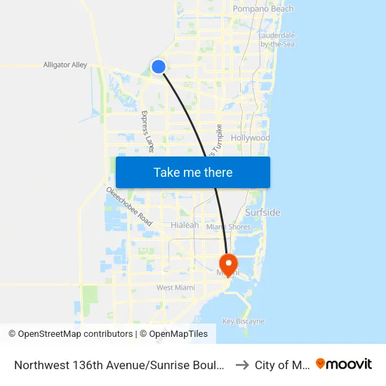 Northwest 136th Avenue/Sunrise Boulevard (South) to City of Miami map