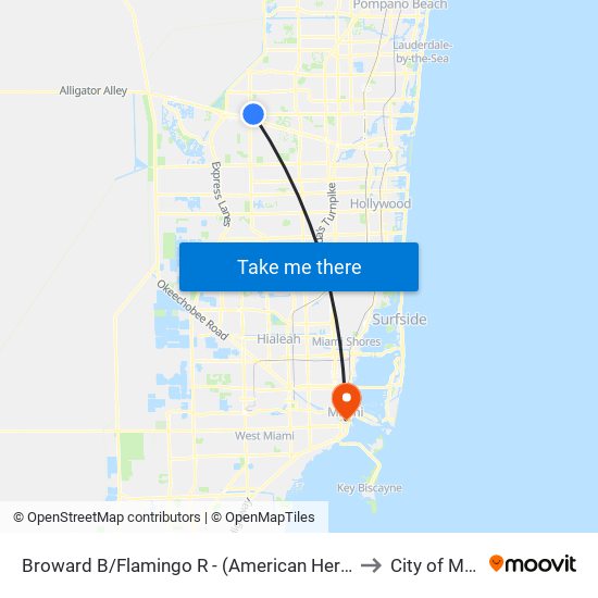 Broward B/Flamingo R - (American Heritage Sch) to City of Miami map