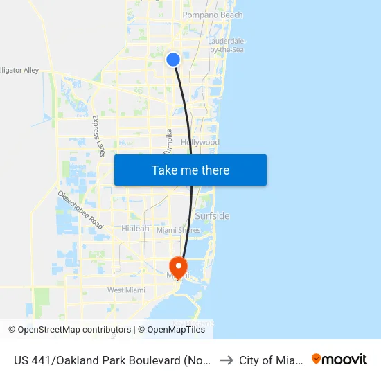 US 441/Oakland Park Boulevard (North) to City of Miami map
