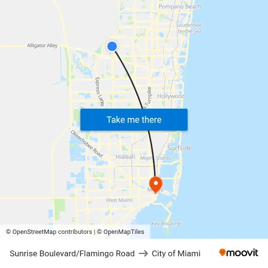 Sunrise Boulevard/Flamingo Road to City of Miami map