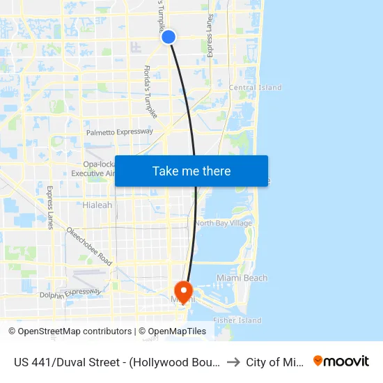 US 441/Duval Street - (Hollywood Boulevard) to City of Miami map
