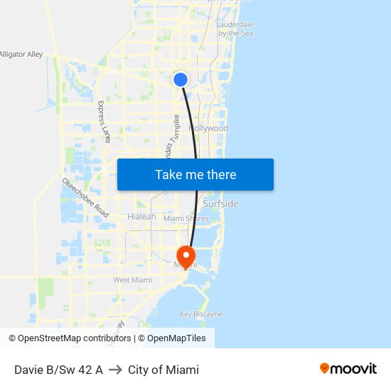 Davie B/Sw 42 A to City of Miami map