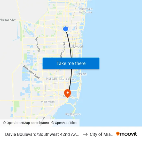 Davie Boulevard/Southwest 42nd Avenue to City of Miami map