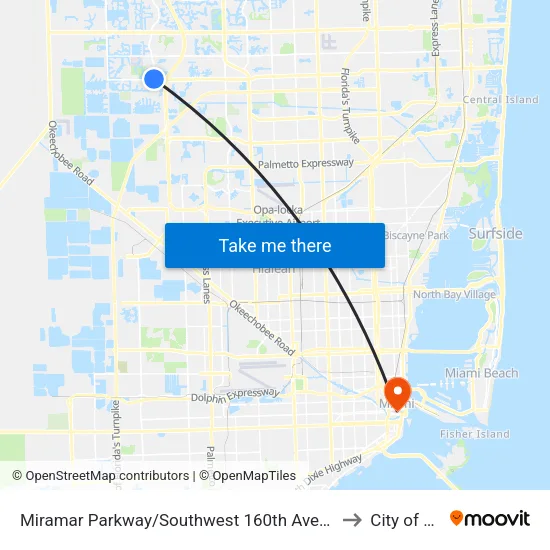 Miramar Parkway/Southwest 160th Avenue - (Dykes Road) to City of Miami map