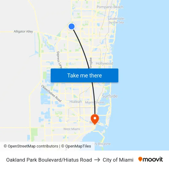 Oakland Park Boulevard/Hiatus Road to City of Miami map