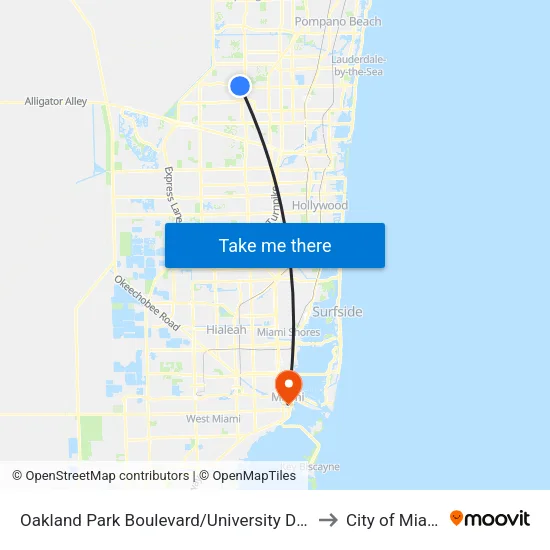 Oakland Park Boulevard/University Drive to City of Miami map