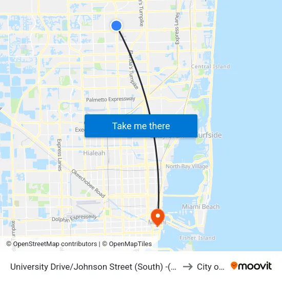 University Drive/Johnson Street (South) -(Pembroke Commons Park & Ride) to City of Miami map