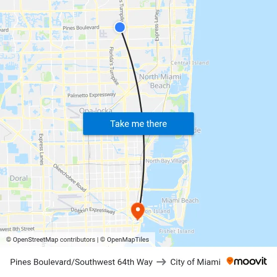 Pines Boulevard/Southwest 64th Way to City of Miami map