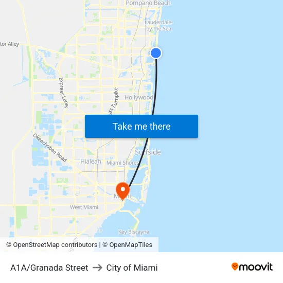 A1A/Granada Street to City of Miami map