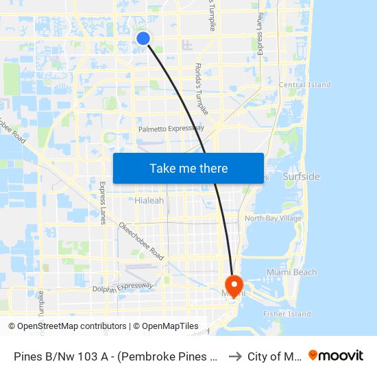 Pines B/Nw 103 A - (Pembroke Pines City Center) to City of Miami map