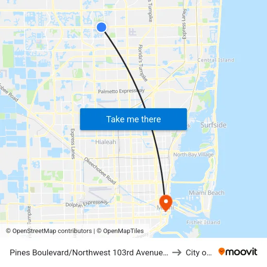 Pines Boulevard/Northwest 103rd Avenue - (Pembroke Pines City Center) to City of Miami map