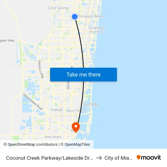 Coconut Creek Parkway/Lakeside Drive to City of Miami map