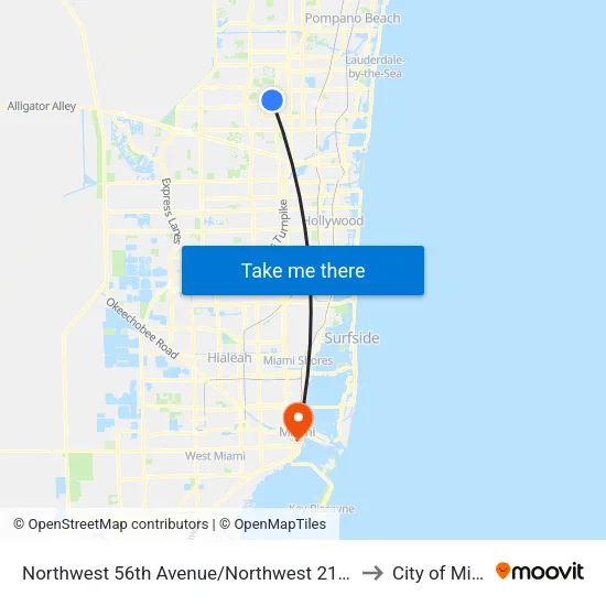 Northwest 56th Avenue/Northwest 21st Street to City of Miami map