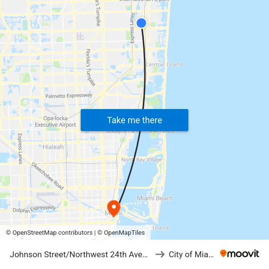 Johnson Street/Northwest 24th Avenue to City of Miami map