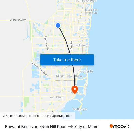 Broward Boulevard/Nob Hill Road to City of Miami map