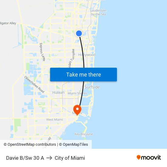 DAVIE B/SW 30 A to City of Miami map