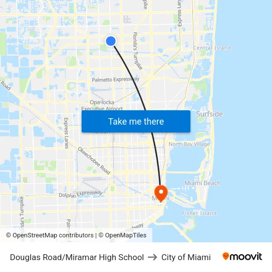 Douglas Road/Miramar High School to City of Miami map