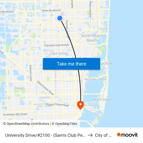 University Drive/#2100 - (Sam's Club Pembroke Road) to City of Miami map