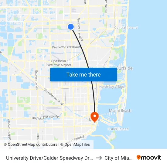 University Drive/Calder Speedway Drive to City of Miami map