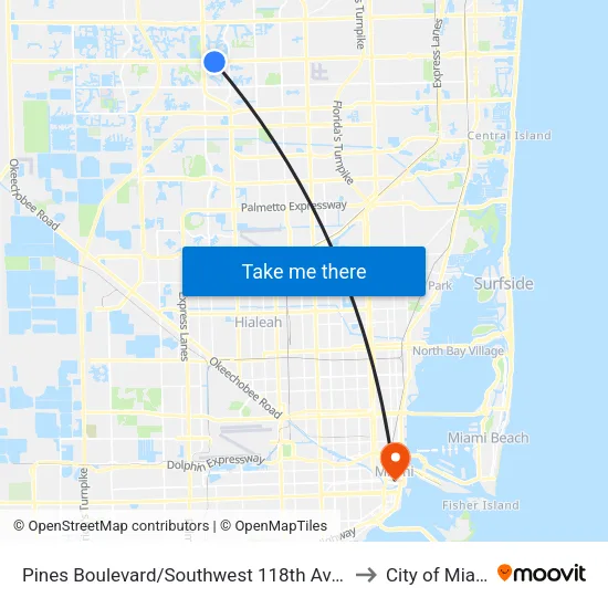 Pines Boulevard/Southwest 118th Avenue to City of Miami map