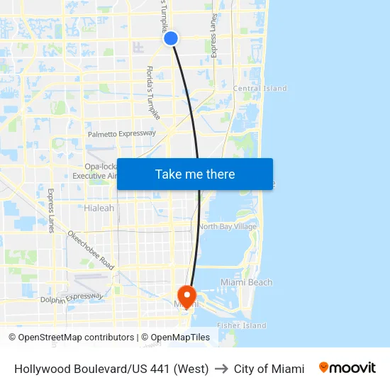 Hollywood Boulevard/US 441 (West) to City of Miami map