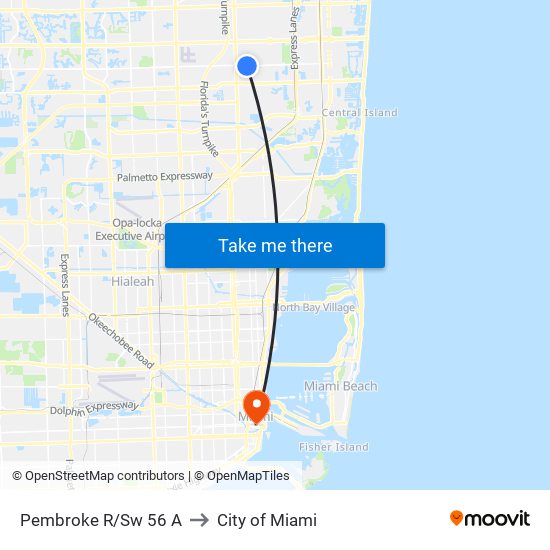 Pembroke R/Sw 56 A to City of Miami map