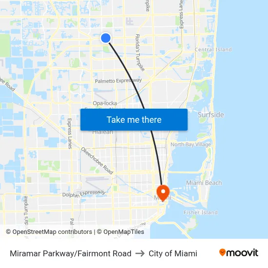 Miramar Parkway/Fairmont Road to City of Miami map