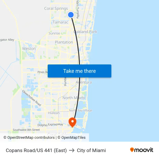 Copans Road/US 441 (East) to City of Miami map