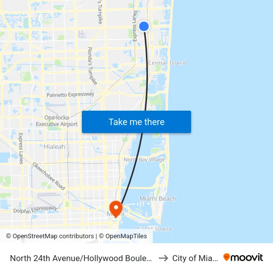 North 24th Avenue/Hollywood Boulevard to City of Miami map